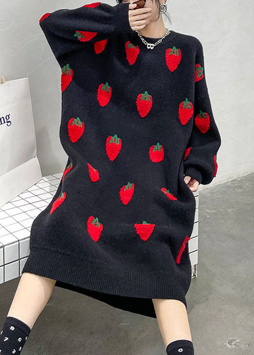 Black O-neck Print Cozy Winter Knit Dress