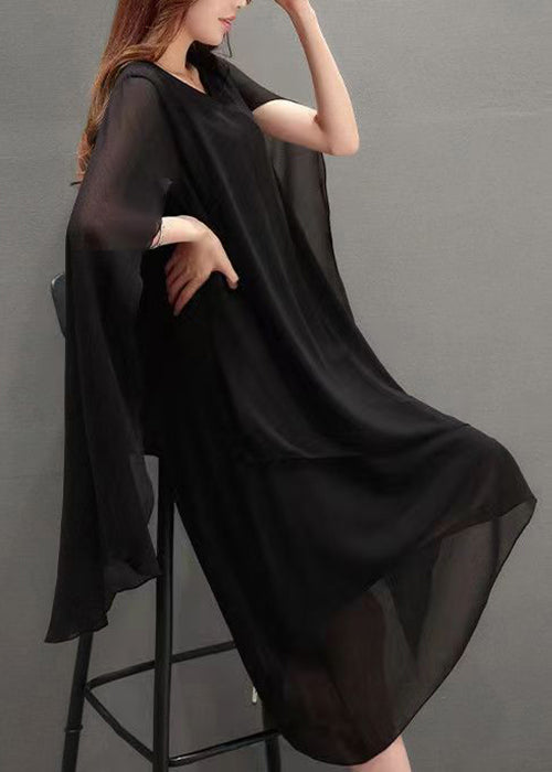 Black O Neck Chiffon Cape Dresses Summer
