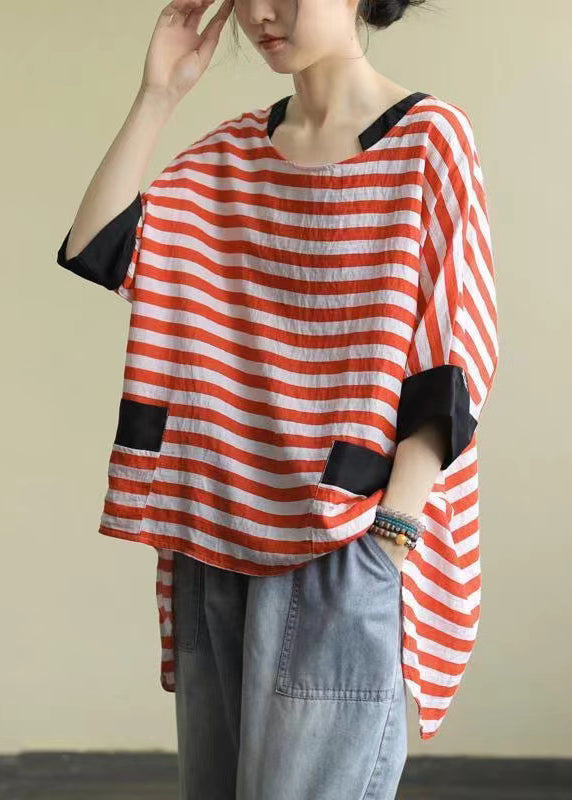 Black O Neck Striped Low High Design Cotton Shirt Top Summer