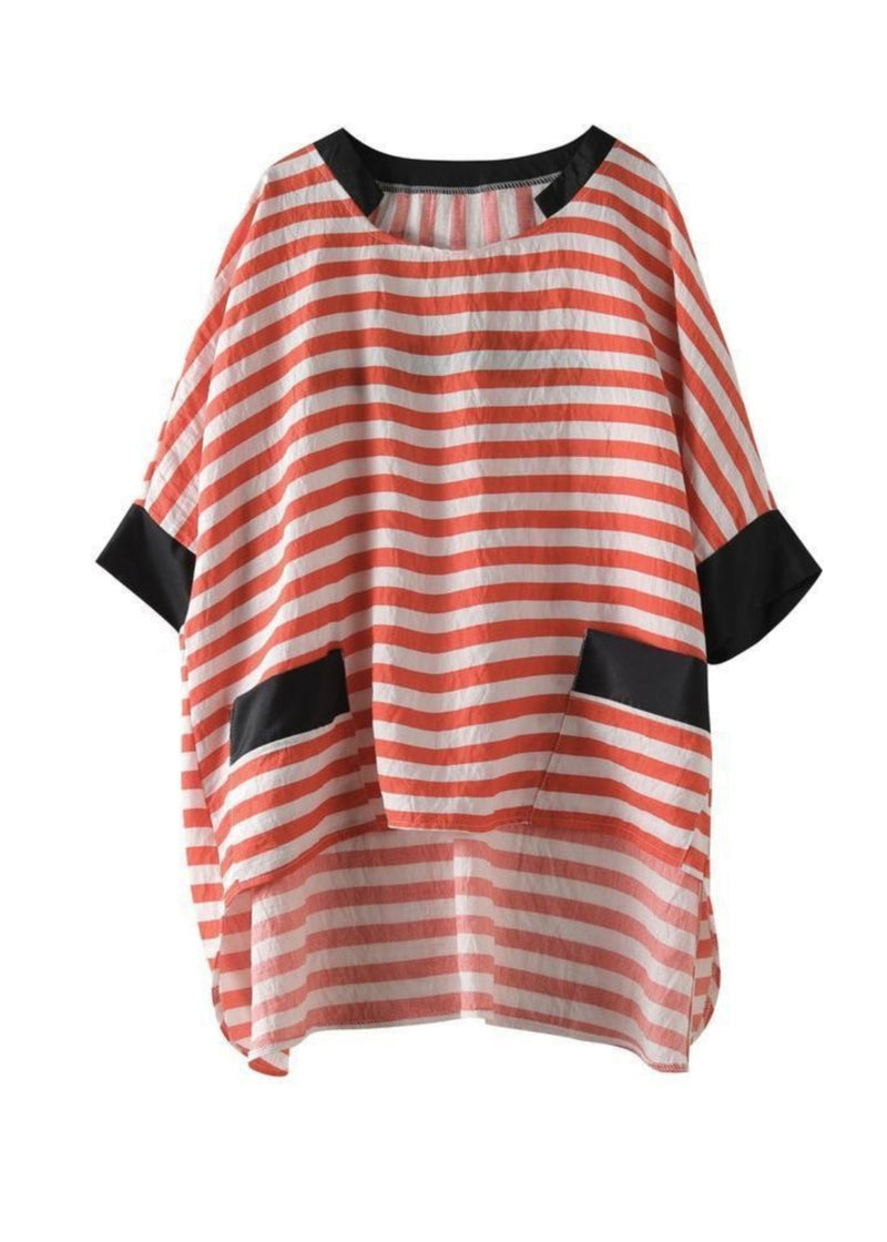 Black O Neck Striped Low High Design Cotton Shirt Top Summer