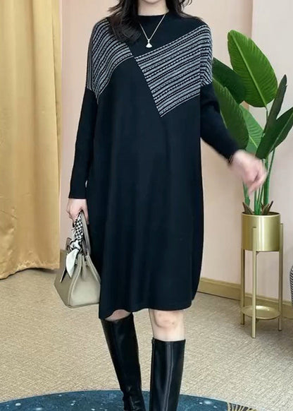 Black O-neck Striped Patchwork Thick Knit Mid Dress Long Sleeve