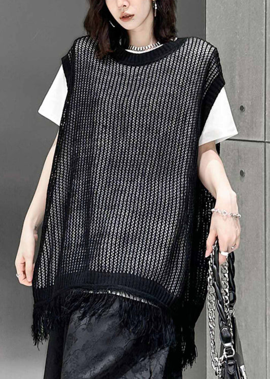 Black O Neck Tasseled Patchwork Knitting Cotton Waistcoat Sleeveless