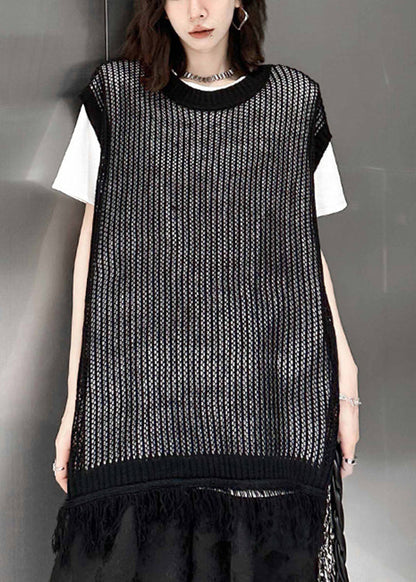 Black O Neck Tasseled Patchwork Knitting Cotton Waistcoat Sleeveless