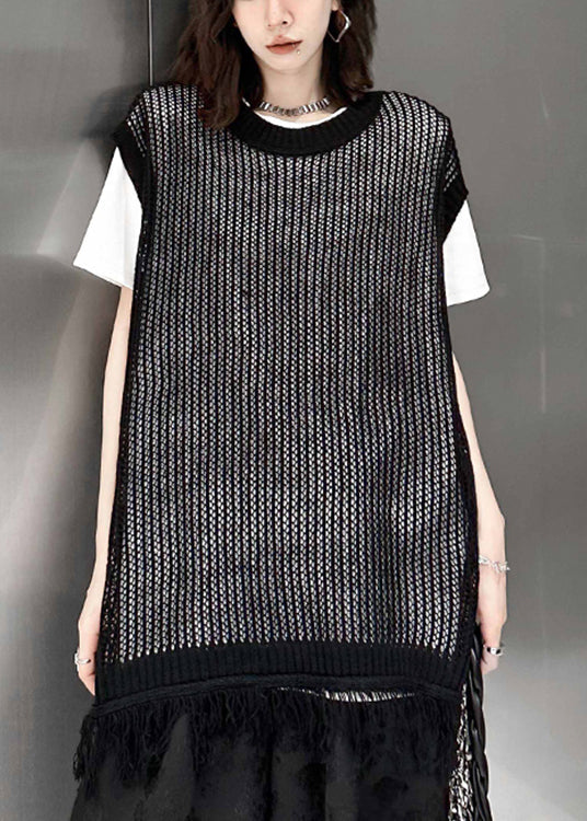 Black O Neck Tasseled Patchwork Knitting Cotton Waistcoat Sleeveless
