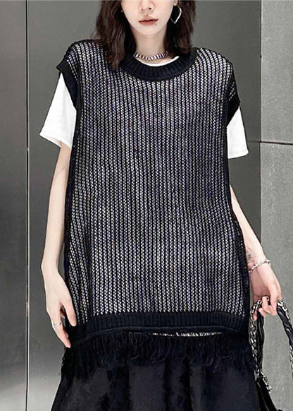 Black O Neck Tasseled Patchwork Knitting Cotton Waistcoat Sleeveless