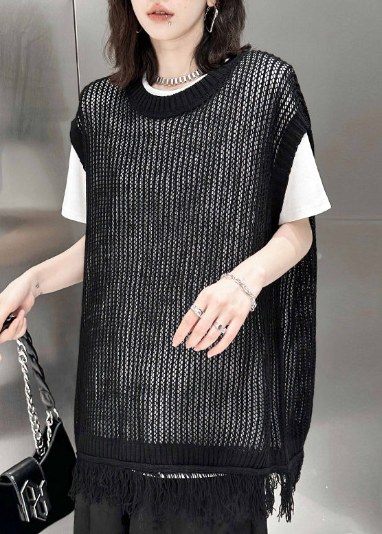 Black O Neck Tasseled Patchwork Knitting Cotton Waistcoat Sleeveless