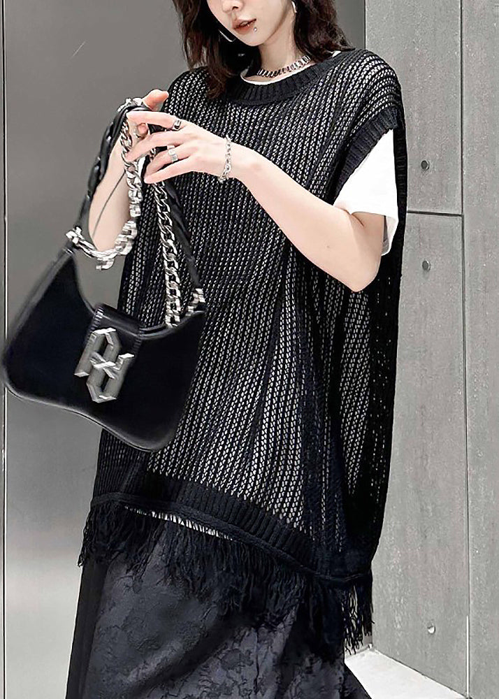 Black O Neck Tasseled Patchwork Knitting Cotton Waistcoat Sleeveless