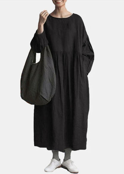 Black O Neck Wrinkled Patchwork Cotton Dress Spring
