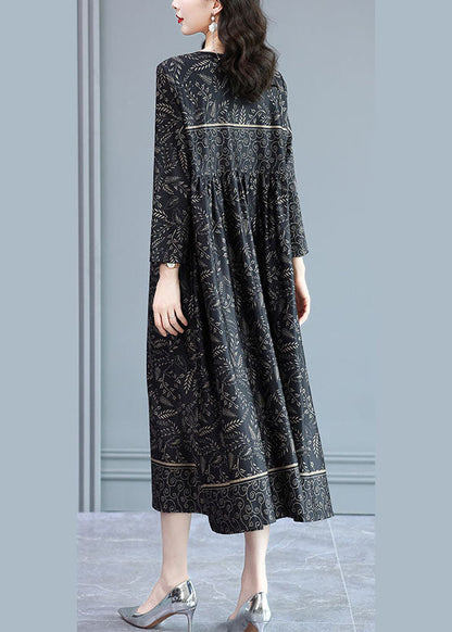 Black O-neck Wrinkled Print Silk Long Dress Long Sleeve