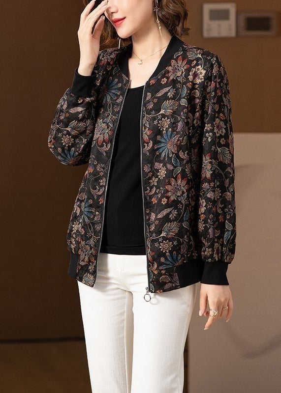 Black O Neck Zip Up Pockets Silk Coats Long Sleeve