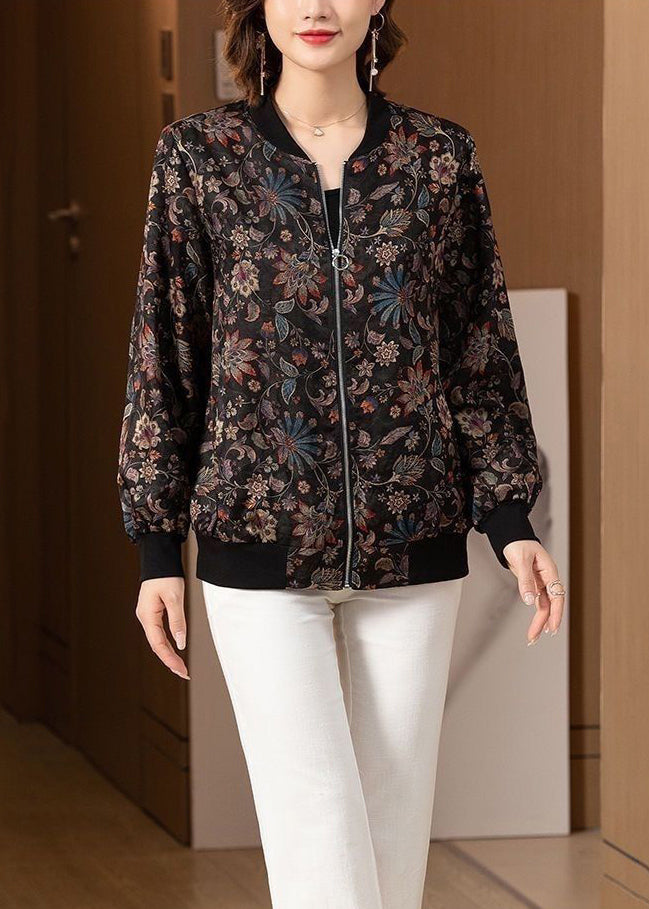 Black O Neck Zip Up Pockets Silk Coats Long Sleeve
