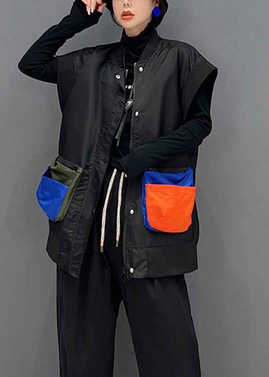 Black O-neck Zippered Patchwork Button Thick Waistcoat Sleeveless