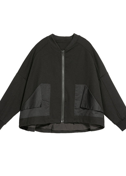 Black O-neck Zippered Pockets Patchwork Coat Long Sleeve