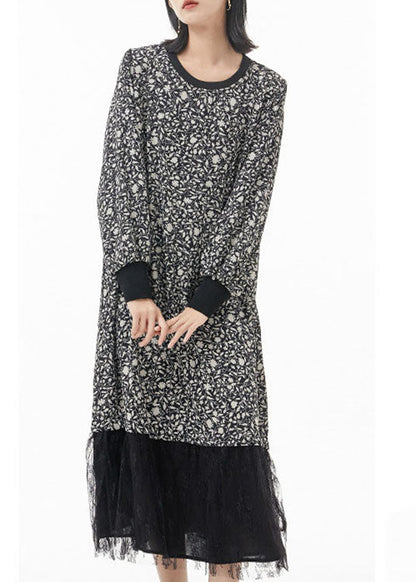 Black O-neck Print Tulle Patchwork Silk Party Dress Spring