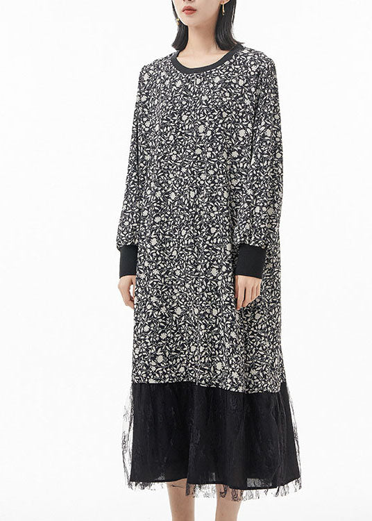 Black O-neck Print Tulle Patchwork Silk Party Dress Spring