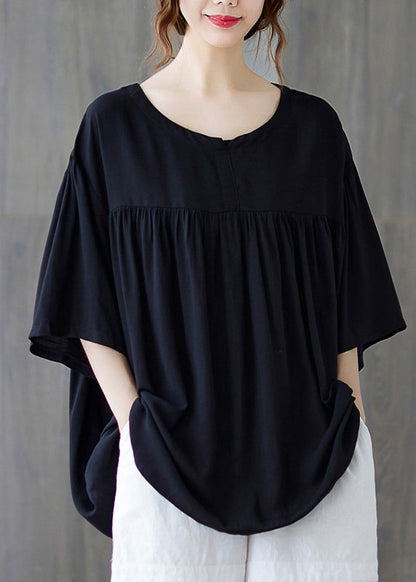 Blue Texture O-neck Wrinkled Cotton Tank Tops Half Sleeve