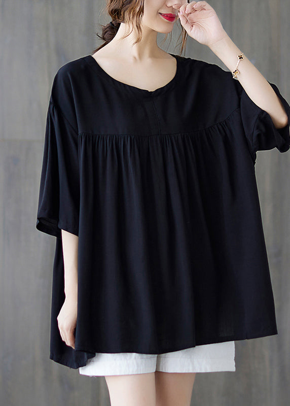 Black O-neck Wrinkled Cotton Tank Tops Half Sleeve
