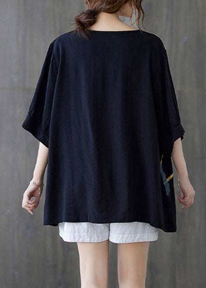Black O-neck Wrinkled Cotton Tank Tops Half Sleeve