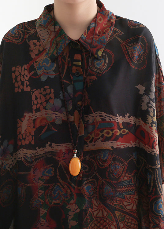 Black Orange Peter Pan Collar Draping Print Chiffon Dresses Batwing Sleeve