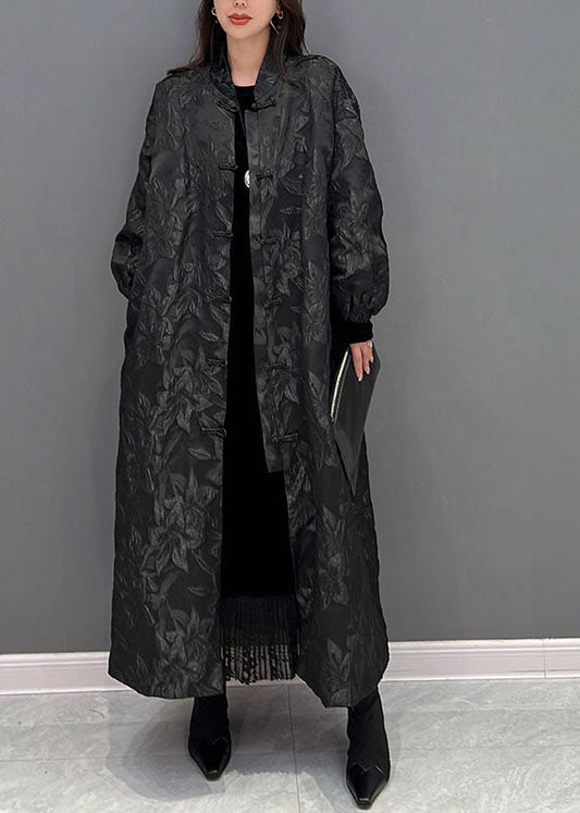 Black Oriental Button Jacquard Spandex Coats Fall