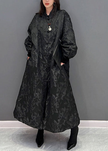 Black Oriental Button Jacquard Spandex Coats Fall