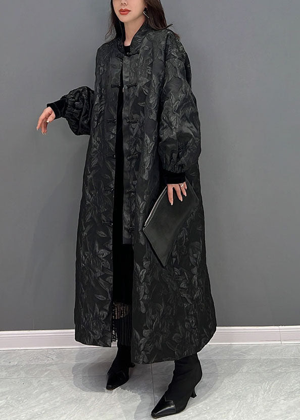 Black Oriental Button Jacquard Spandex Coats Fall