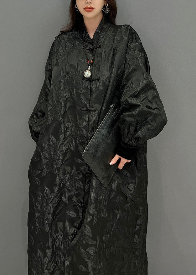 Black Oriental Button Jacquard Spandex Coats Fall