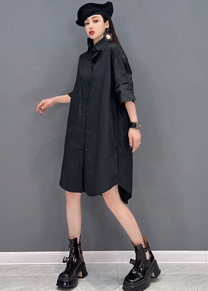 Black Original Design Peter Pan Collar Tulle Patchwork Cotton Shirt Dresses Long Sleeve