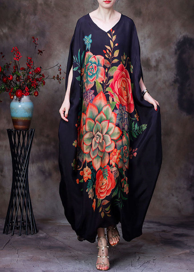 Black Original Design V Neck Print Silk Long Dress Batwing Sleeve