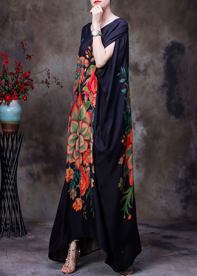 Black Original Design V Neck Print Silk Long Dress Batwing Sleeve