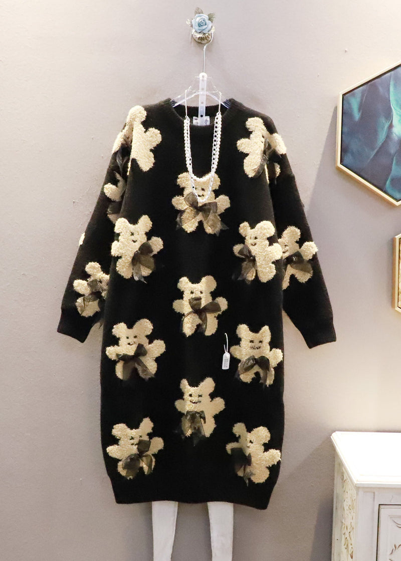 Black Oversized Bow Bear Jacquard Knit Long Sweater Winter