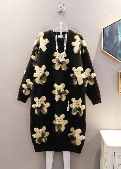Black Oversized Bow Bear Jacquard Knit Long Sweater Winter