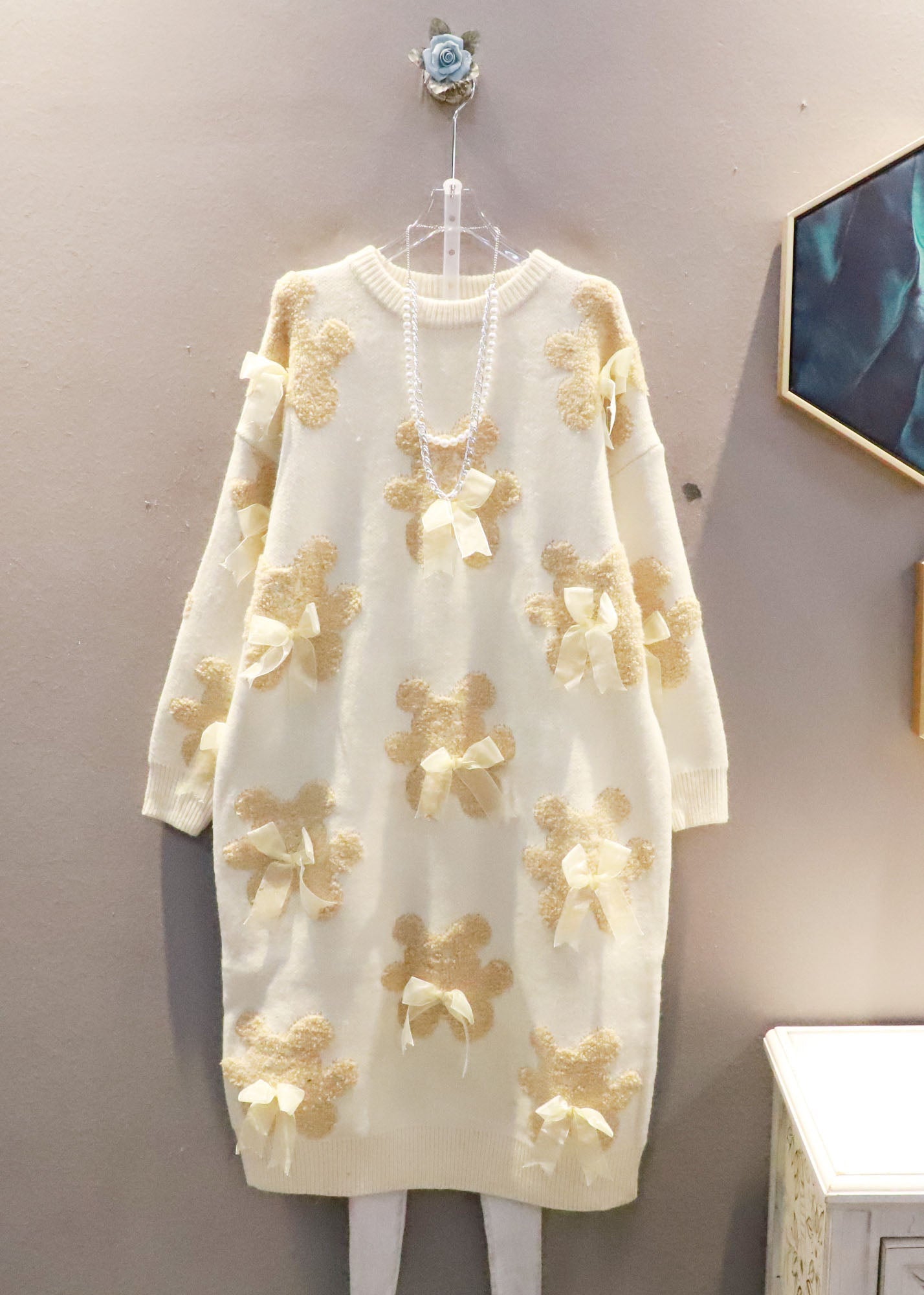 Black Oversized Bow Bear Jacquard Knit Long Sweater Winter
