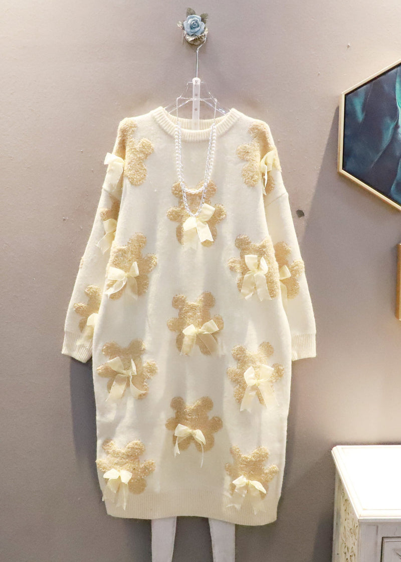 Black Oversized Bow Bear Jacquard Knit Long Sweater Winter