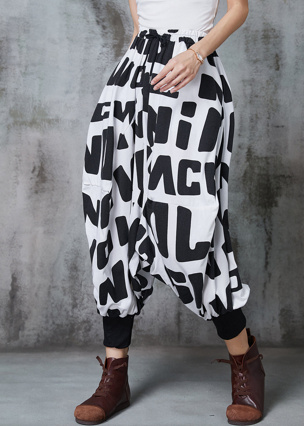 Black Oversized Letter Print Cotton Lantern Pants Spring