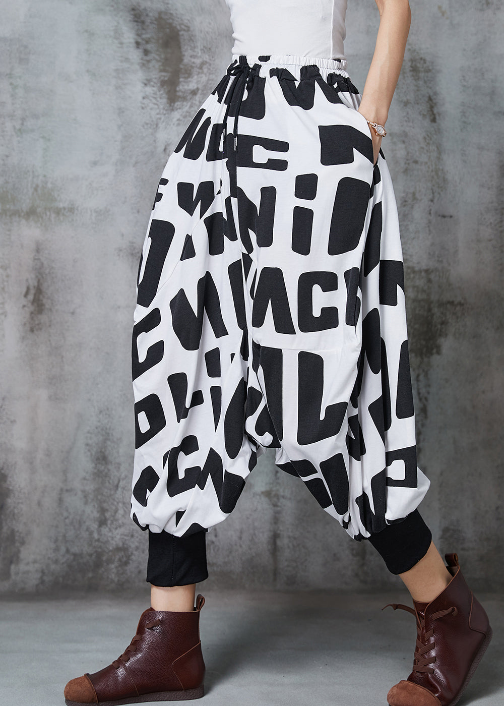 Black Oversized Letter Print Cotton Lantern Pants Spring