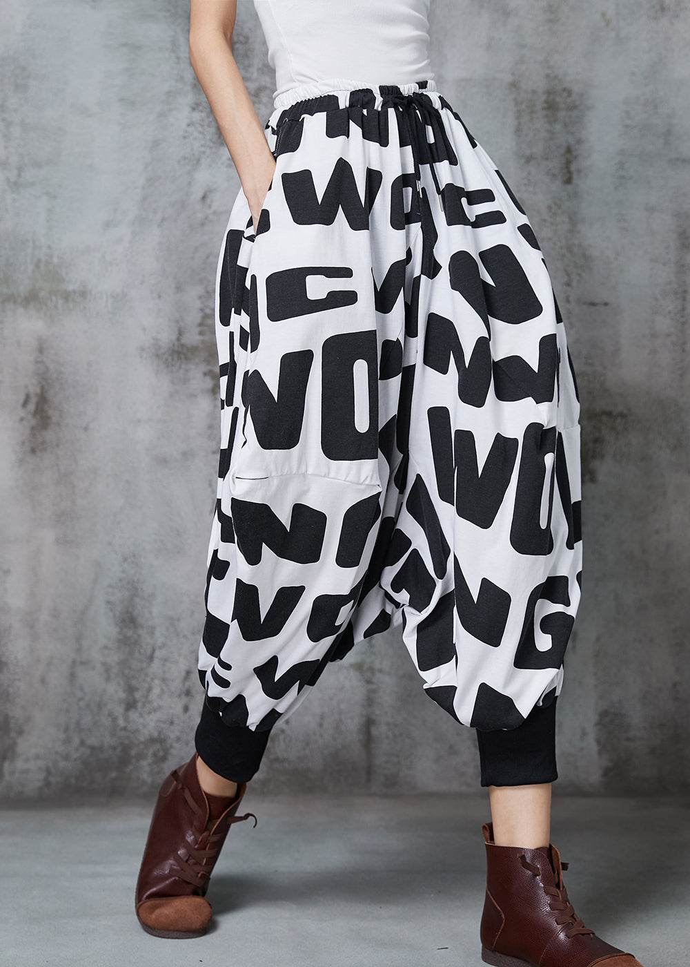 Black Oversized Letter Print Cotton Lantern Pants Spring