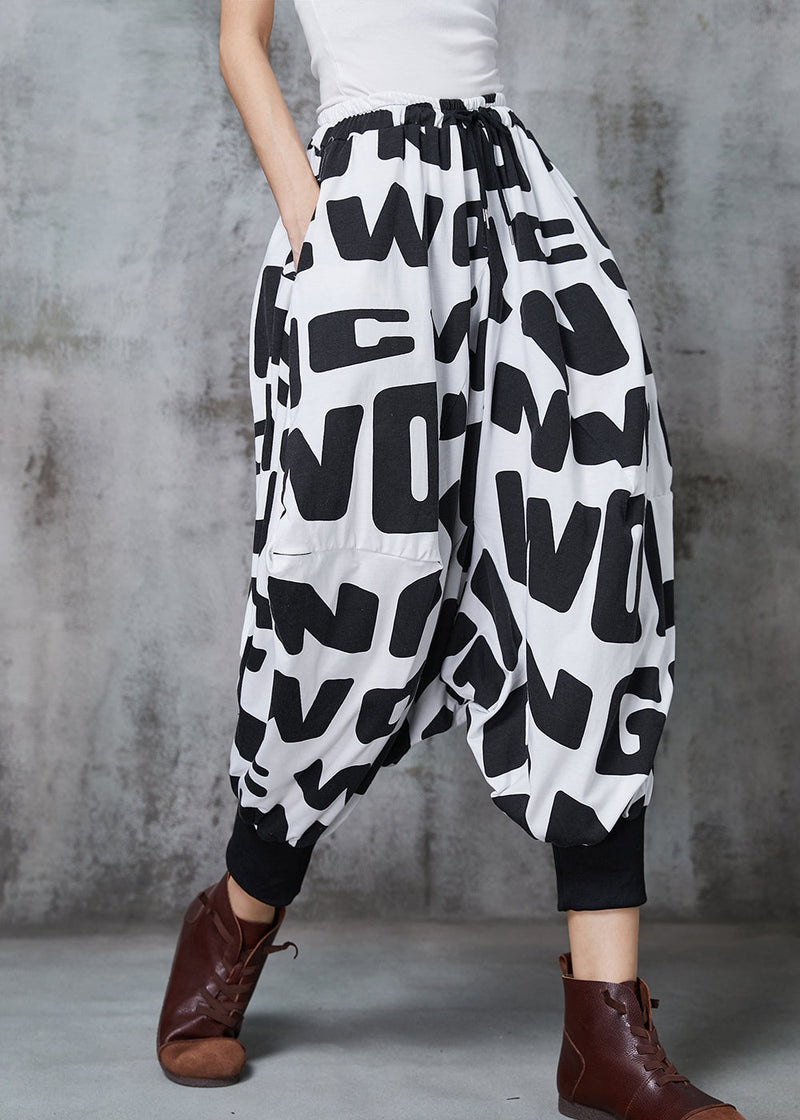 Black Oversized Letter Print Cotton Lantern Pants Spring