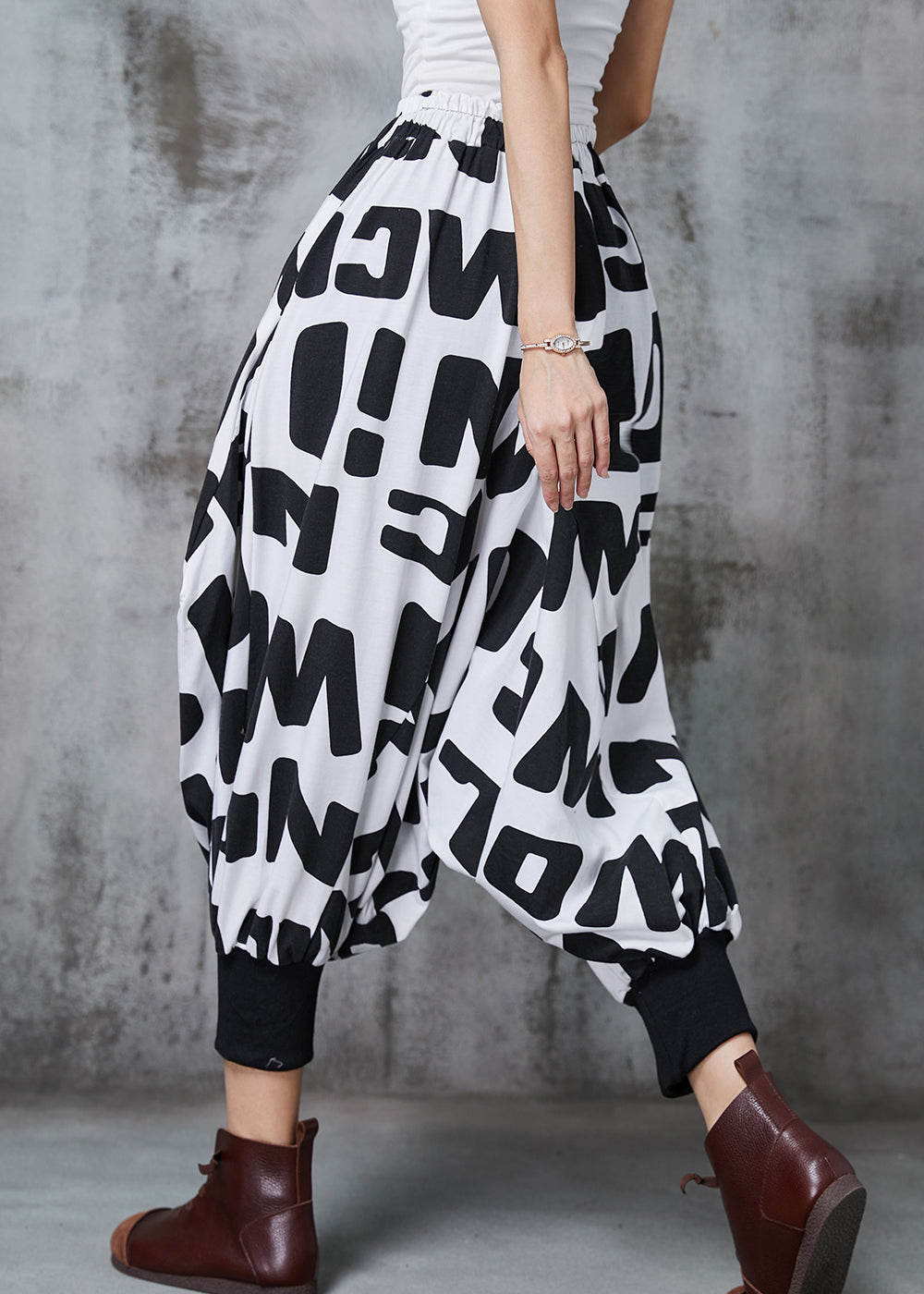 Black Oversized Letter Print Cotton Lantern Pants Spring