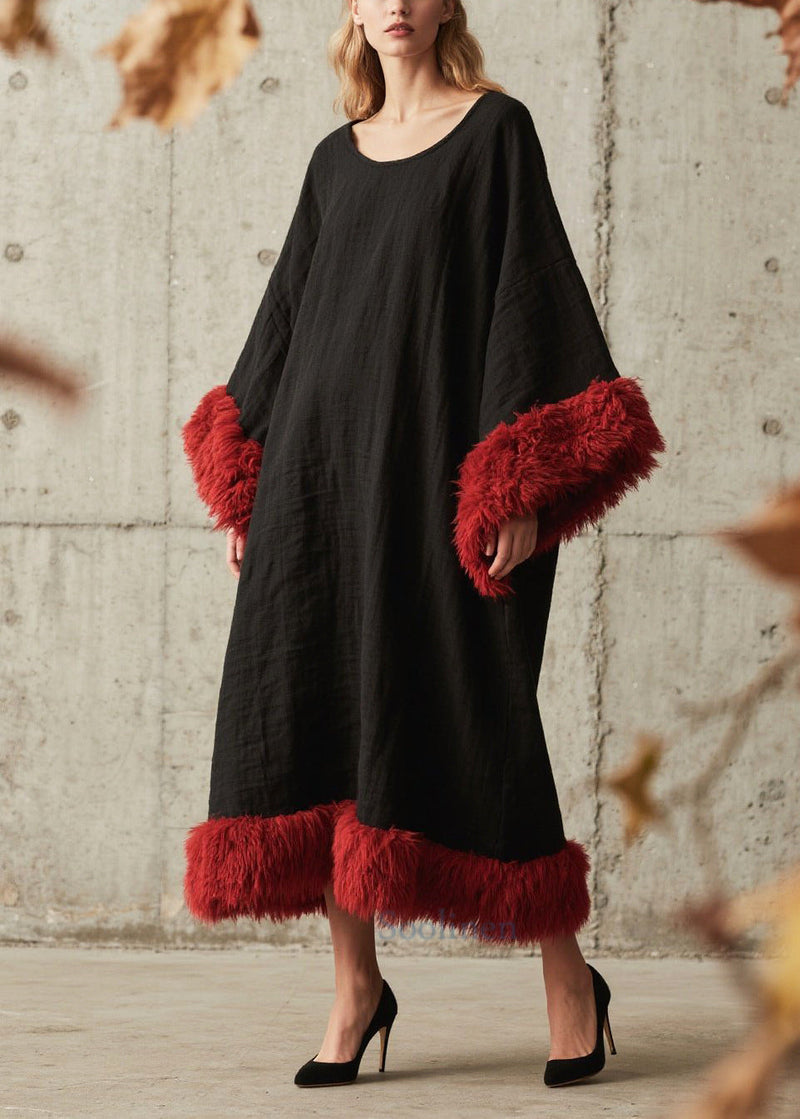 Black Oversized Patchwork Faux Fur Ankle Dress Fall