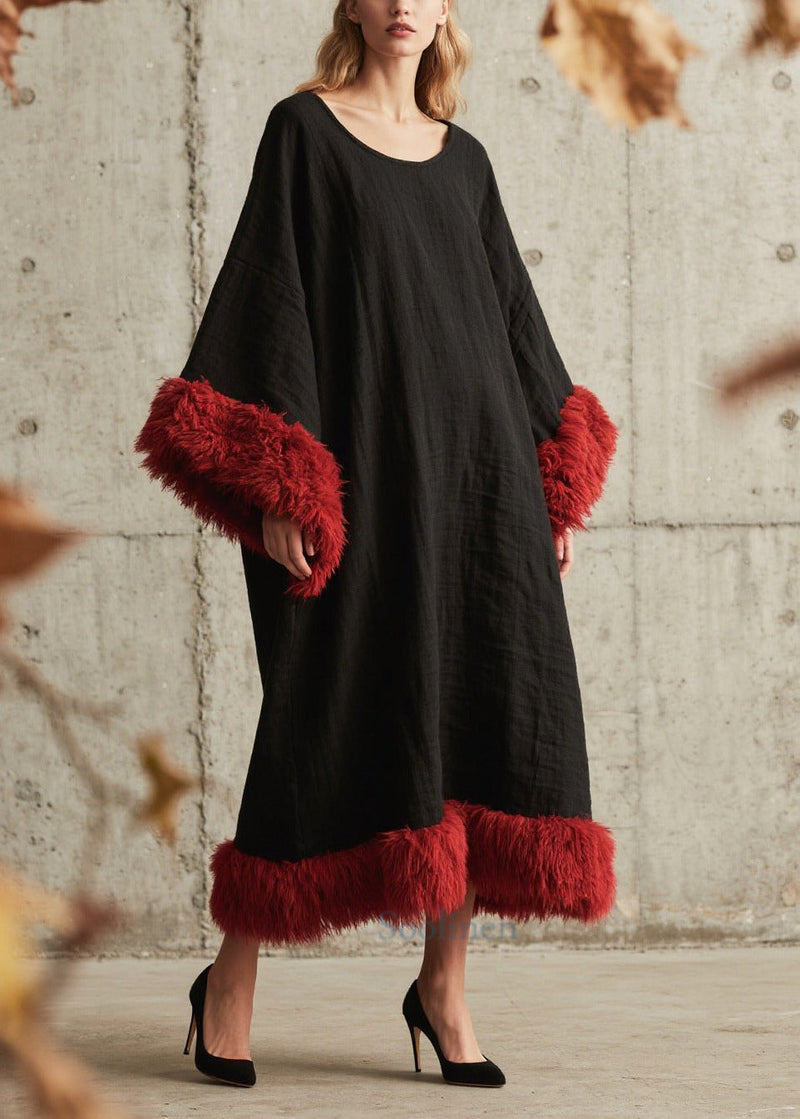 Black Oversized Patchwork Faux Fur Ankle Dress Fall