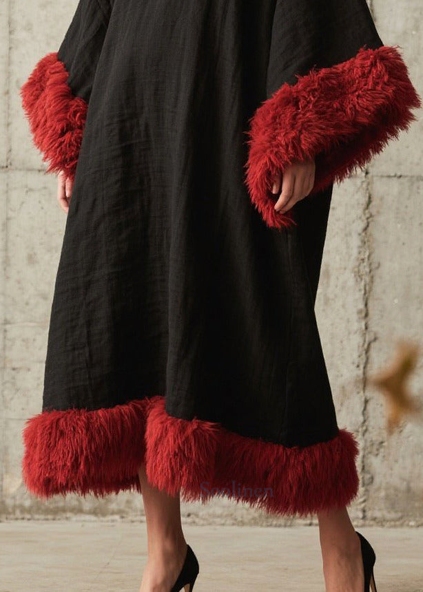 Black Oversized Patchwork Faux Fur Ankle Dress Fall