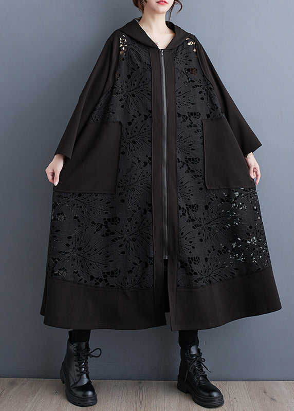 Black Oversized Patchwork Hollow Out Cotton Coat Spring