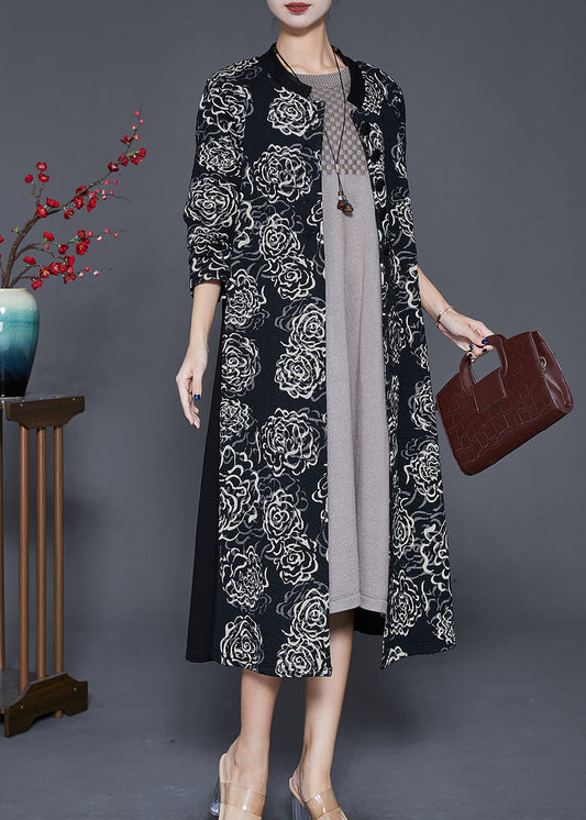 Black Oversized Patchwork Print Cotton Trench Fall