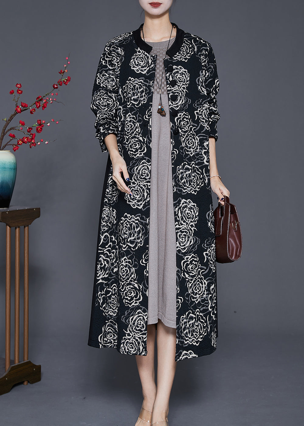 Black Oversized Patchwork Print Cotton Trench Fall