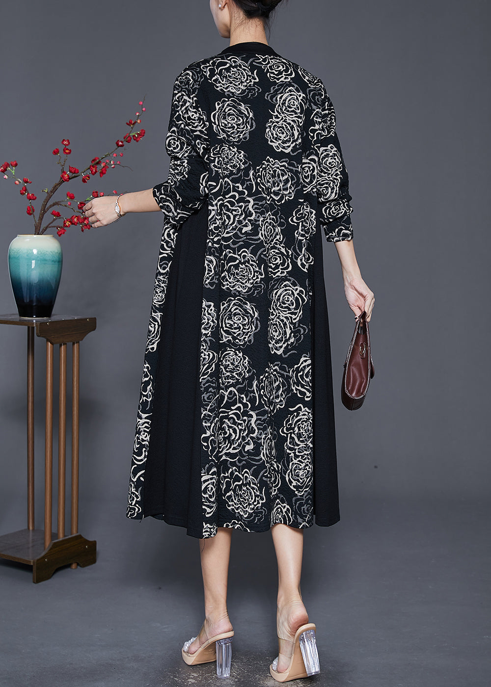 Black Oversized Patchwork Print Cotton Trench Fall