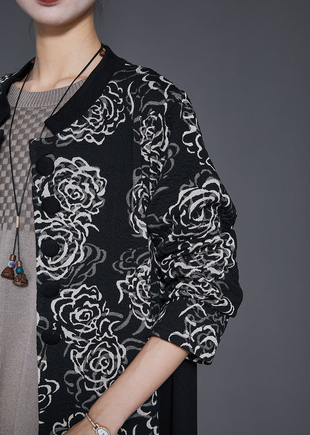 Black Oversized Patchwork Print Cotton Trench Fall