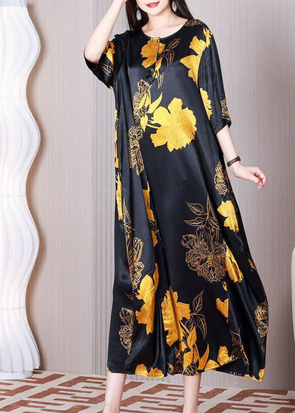 Black Oversized Patchwork Print Silk Party Dress Summer