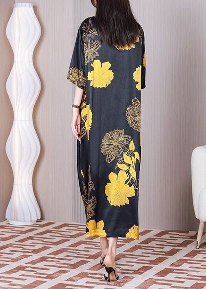 Black Oversized Patchwork Print Silk Party Dress Summer