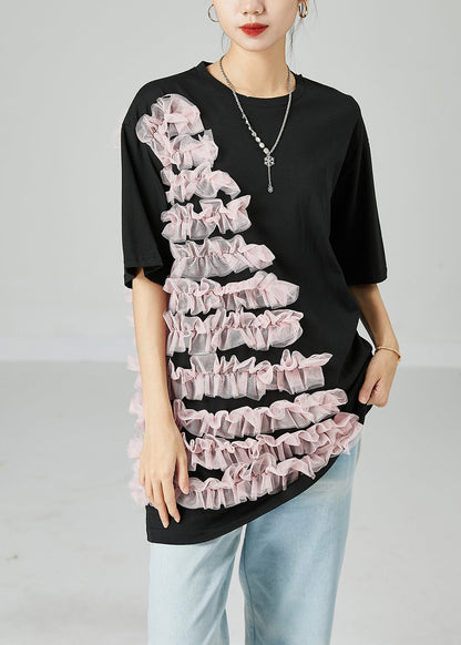 Black Oversized Patchwork Ruffled Cotton Top Summer